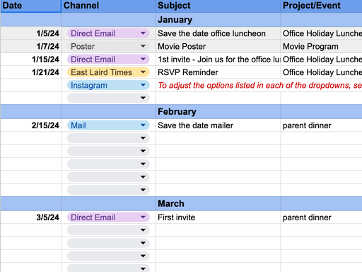 screenshot of the internal communications calendar in google sheets